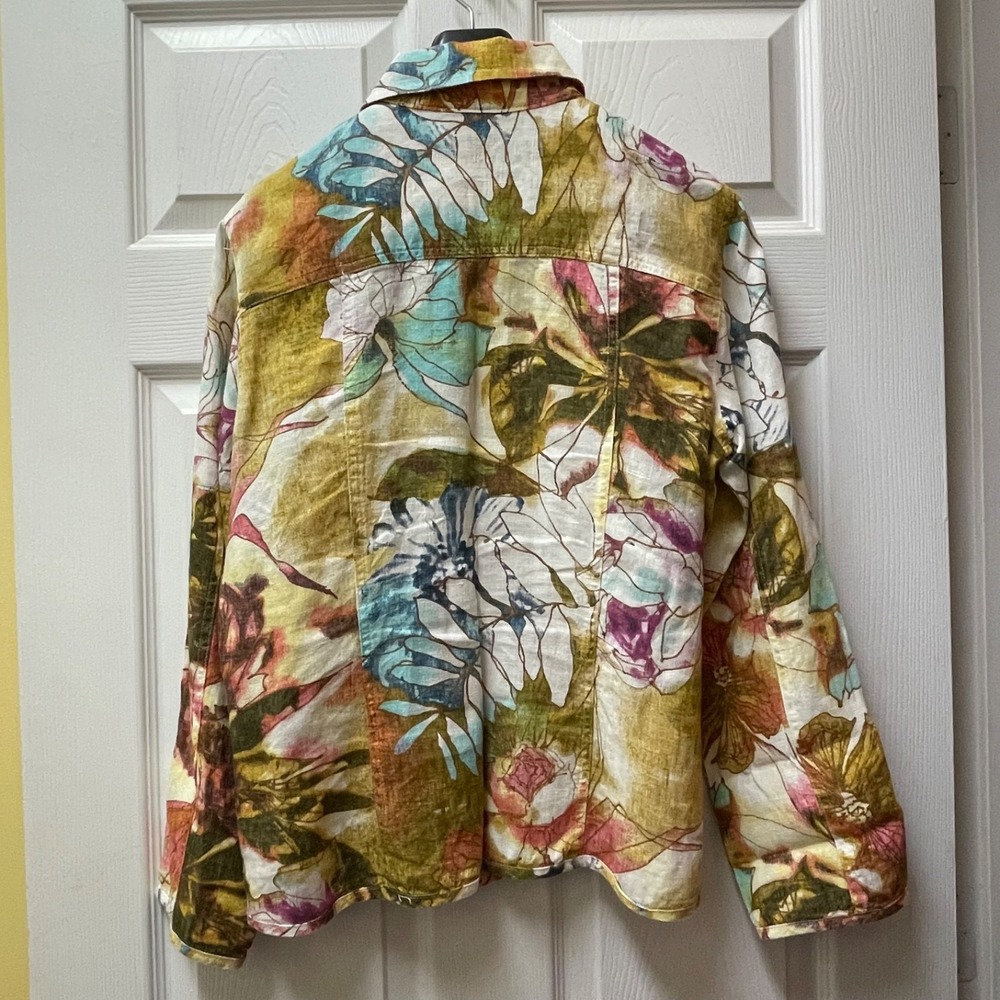 Vintage Chico's Sz 1 (M) Floral 100% Linen Shacket Shirt Jacket Lagen Artsy Boho - Picture 6 of 15